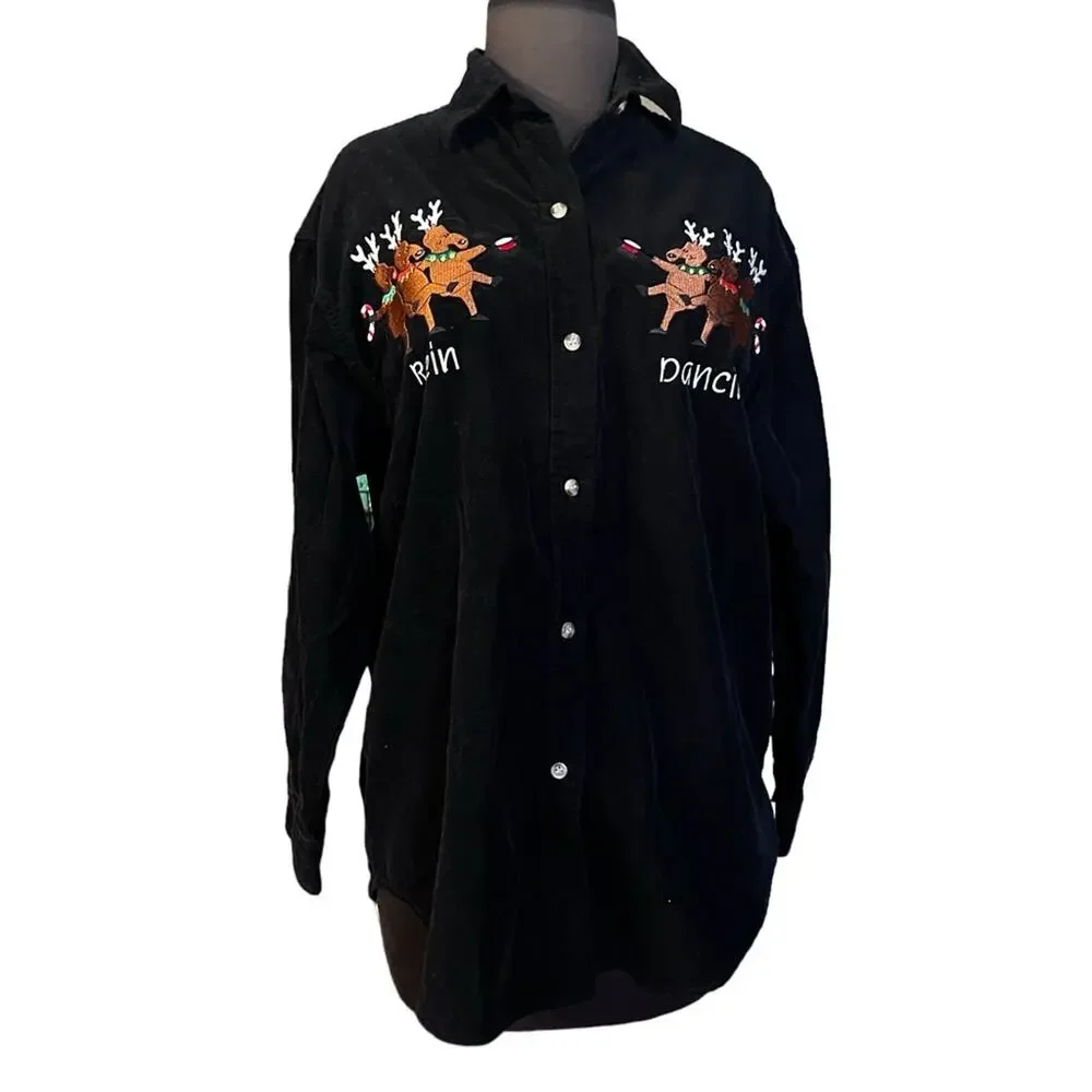 90s Vtg Black Corduroy Christmas Embroidered Reindeer Rein Dancing Blouse S/M - Picture 2 of 6